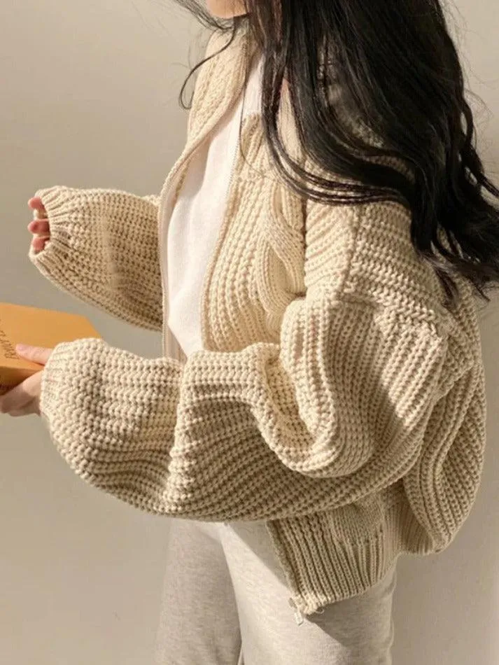Wenkouban-Spring Casual Outfits Y2K Outfits Solid Zip Up Crochet Cable Knit Cardigan