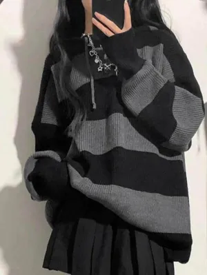 Wenkouban-Spring Casual Outfits Y2K Outfits Stripe Splice Hooded Baggy Knit Sweater