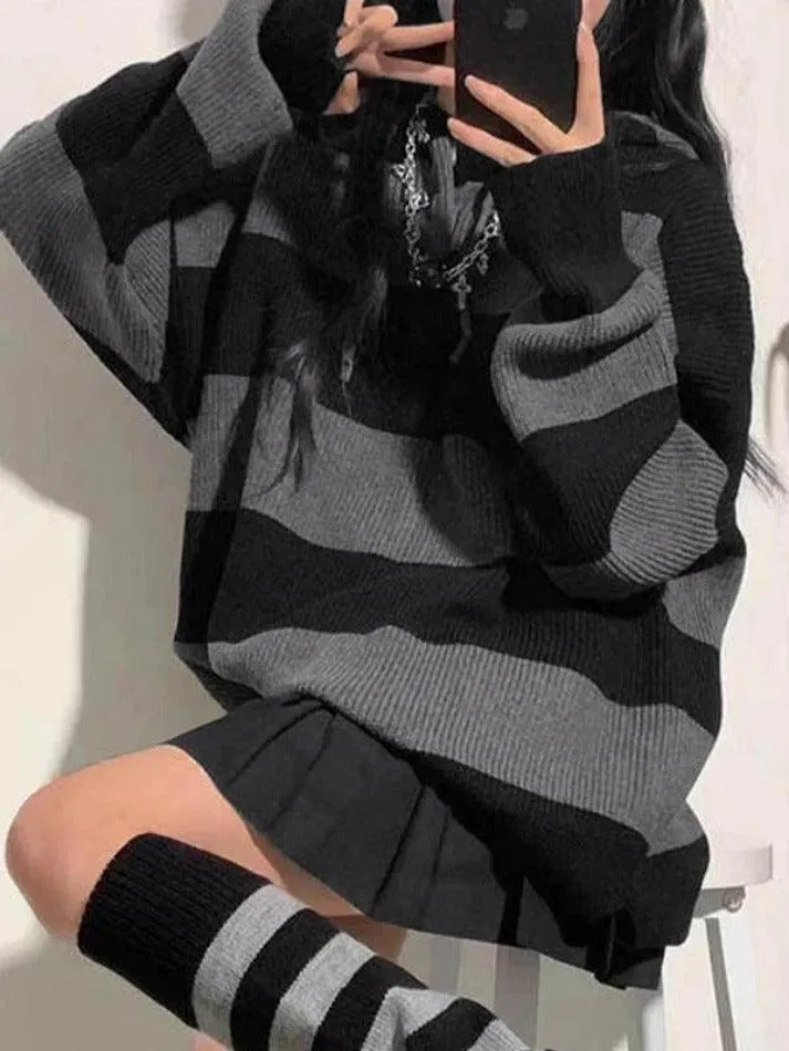 Wenkouban-Spring Casual Outfits Y2K Outfits Stripe Splice Hooded Baggy Knit Sweater