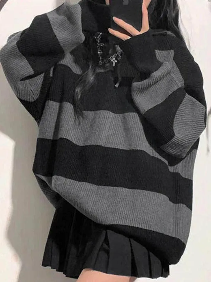 Wenkouban-Spring Casual Outfits Y2K Outfits Stripe Splice Hooded Baggy Knit Sweater