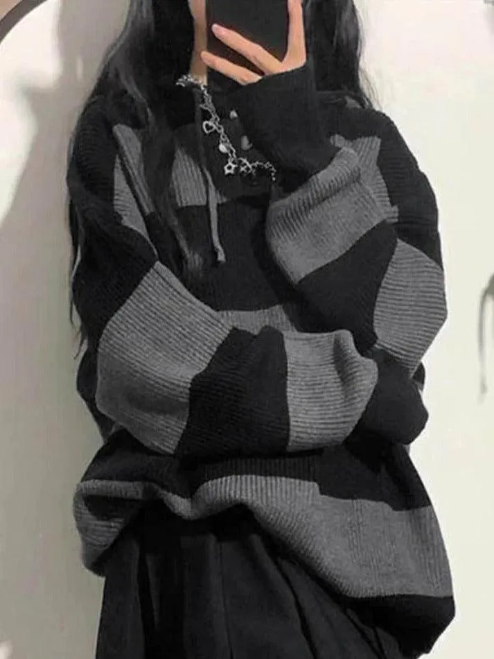Wenkouban-Spring Casual Outfits Y2K Outfits Stripe Splice Hooded Baggy Knit Sweater