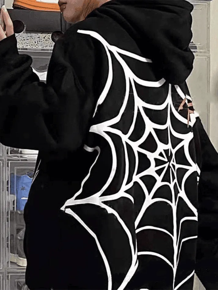 Wenkouban-Spring Casual Outfits Y2K Outfits Unisex Loose Fit Spiderweb Graphic Hoodie