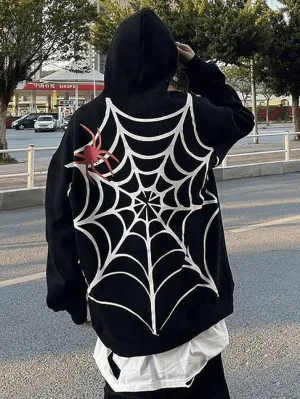 Wenkouban-Spring Casual Outfits Y2K Outfits Unisex Loose Fit Spiderweb Graphic Hoodie