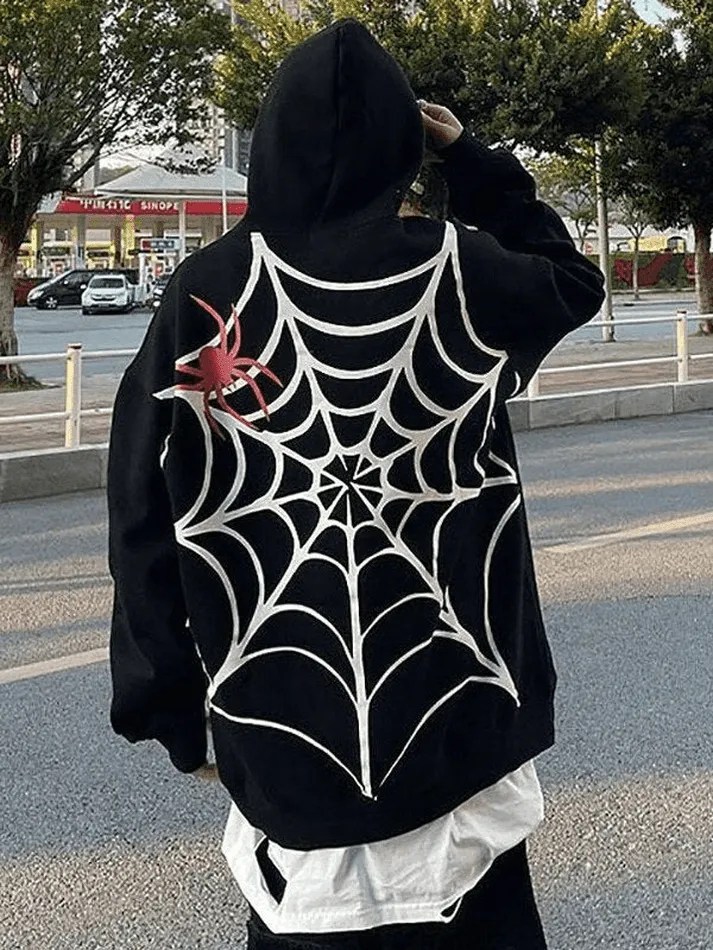 Wenkouban-Spring Casual Outfits Y2K Outfits Unisex Loose Fit Spiderweb Graphic Hoodie