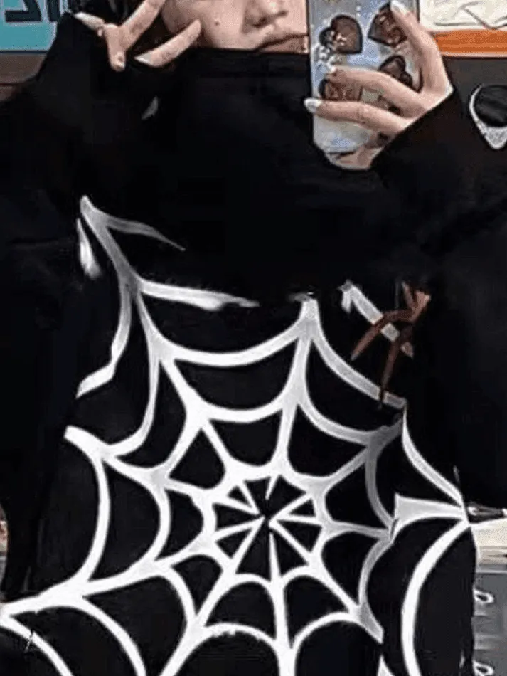 Wenkouban-Spring Casual Outfits Y2K Outfits Unisex Loose Fit Spiderweb Graphic Hoodie