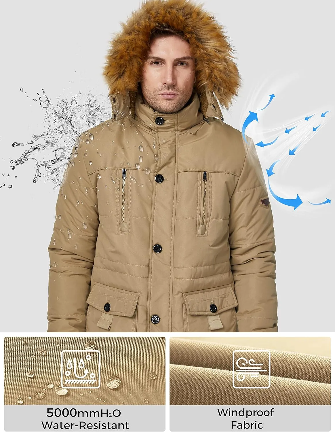 WenVen Men's Winter Coat Warm Parka Jacket with Faux Fur Removable Hood