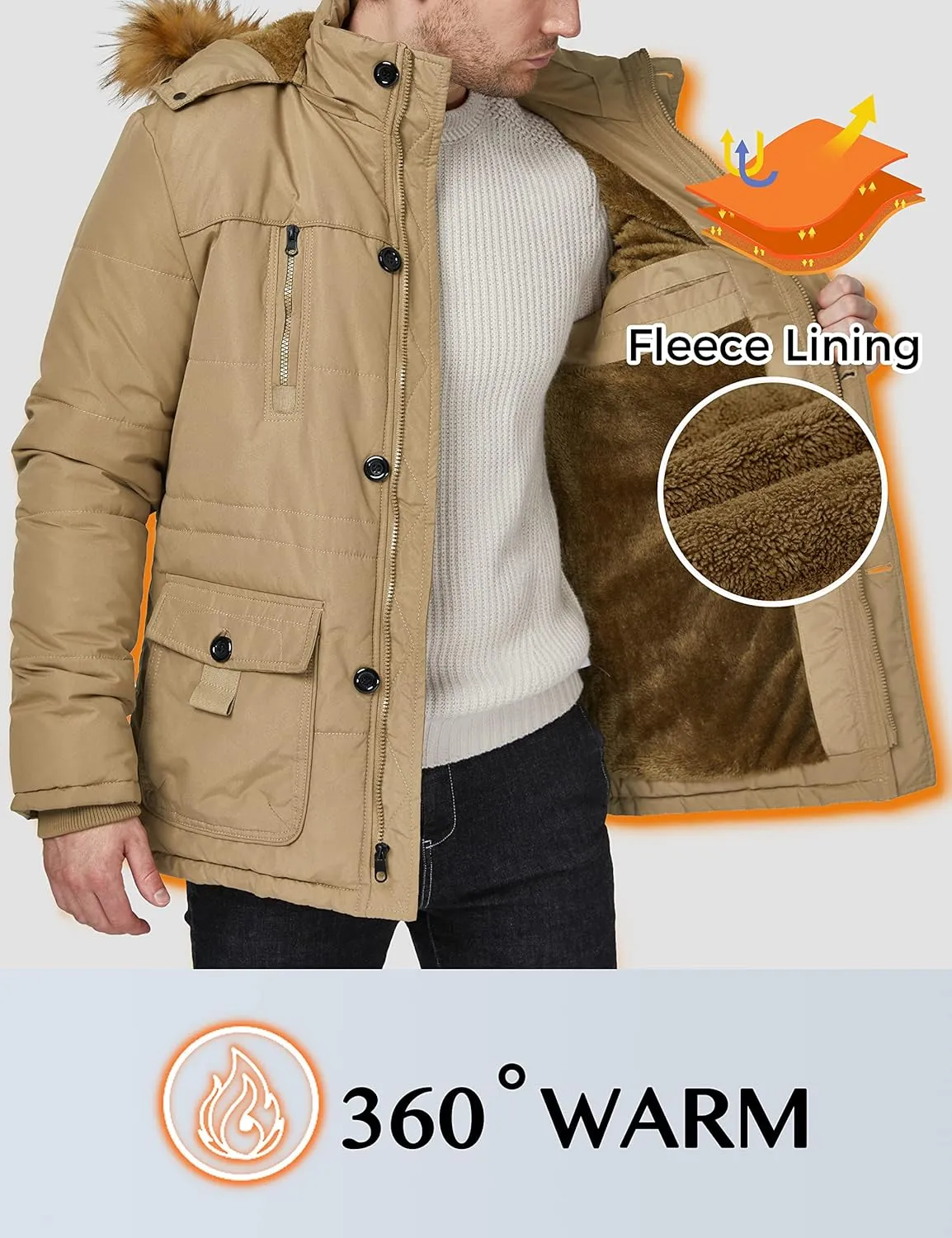WenVen Men's Winter Coat Warm Parka Jacket with Faux Fur Removable Hood