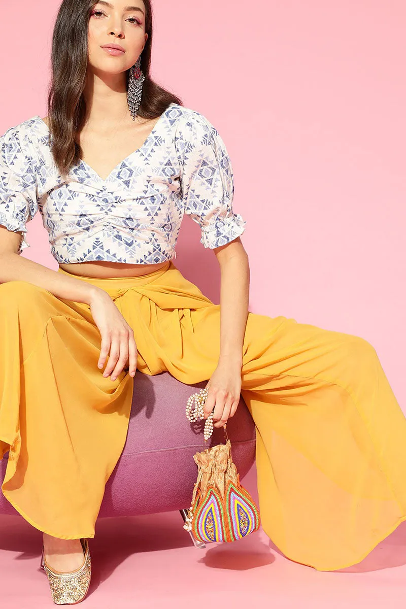 White & Blue Cotton Ethnic Motif Printed Pleated Crop Top