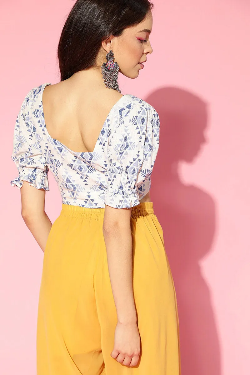 White & Blue Cotton Ethnic Motif Printed Pleated Crop Top