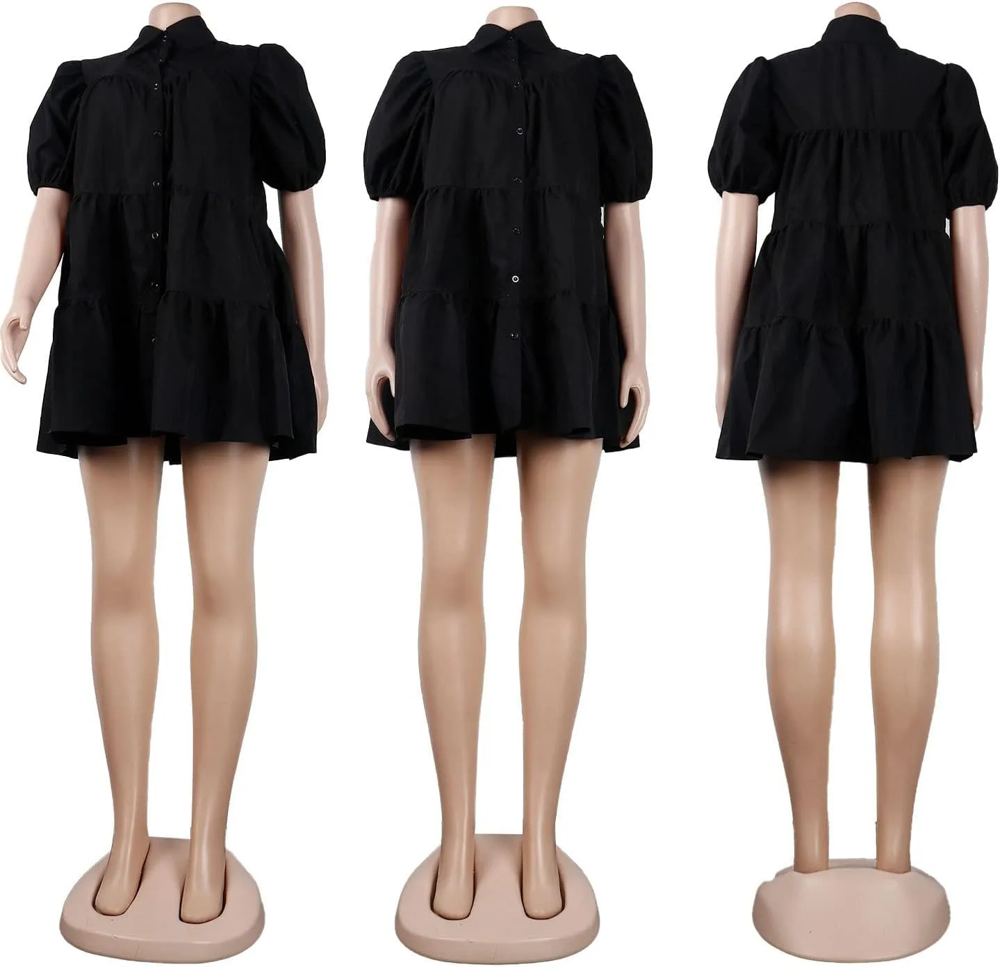 WOKANSE Women's Cute Babydoll Dresses 2024 Casual Loose Puff Sleeves Ruffle Hem Button Down Pleated Shirt Dress
