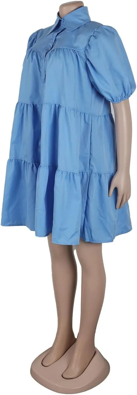 WOKANSE Women's Cute Babydoll Dresses 2024 Casual Loose Puff Sleeves Ruffle Hem Button Down Pleated Shirt Dress