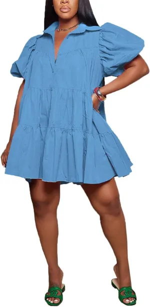 WOKANSE Women's Cute Babydoll Dresses 2024 Casual Loose Puff Sleeves Ruffle Hem Button Down Pleated Shirt Dress