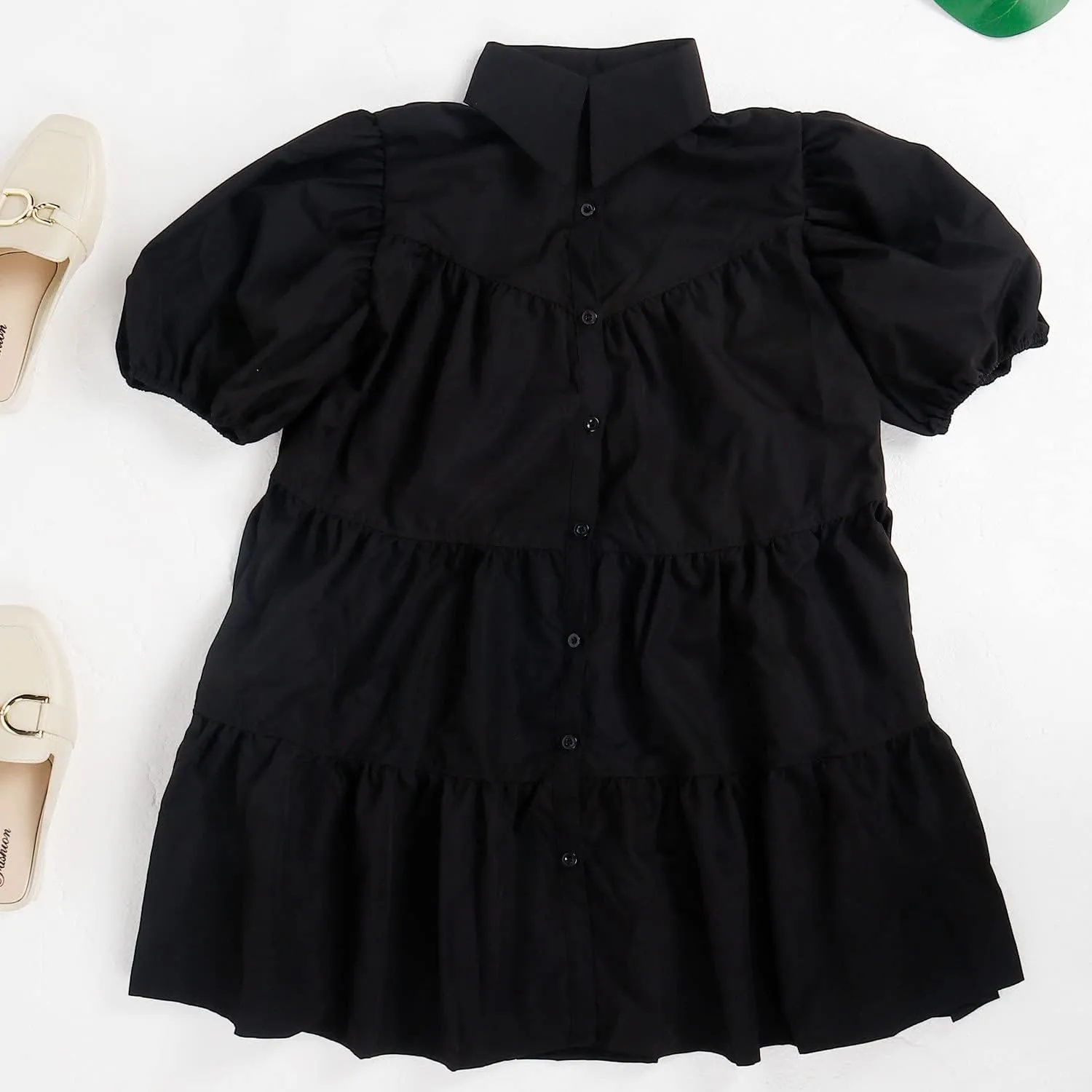 WOKANSE Women's Cute Babydoll Dresses 2024 Casual Loose Puff Sleeves Ruffle Hem Button Down Pleated Shirt Dress
