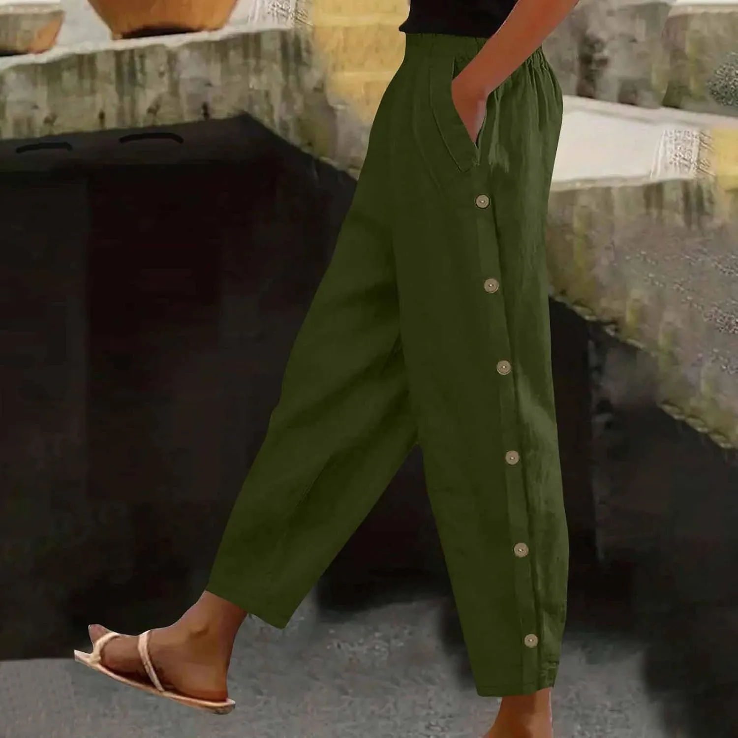 Woman Linen Pants Baggy Casual Elastic Waist Straight Leg Trendy Pants Side Button Solid Color Trousers with Pockets