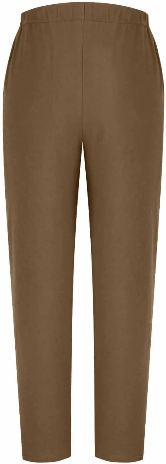 Woman Linen Pants Baggy Casual Elastic Waist Straight Leg Trendy Pants Side Button Solid Color Trousers with Pockets