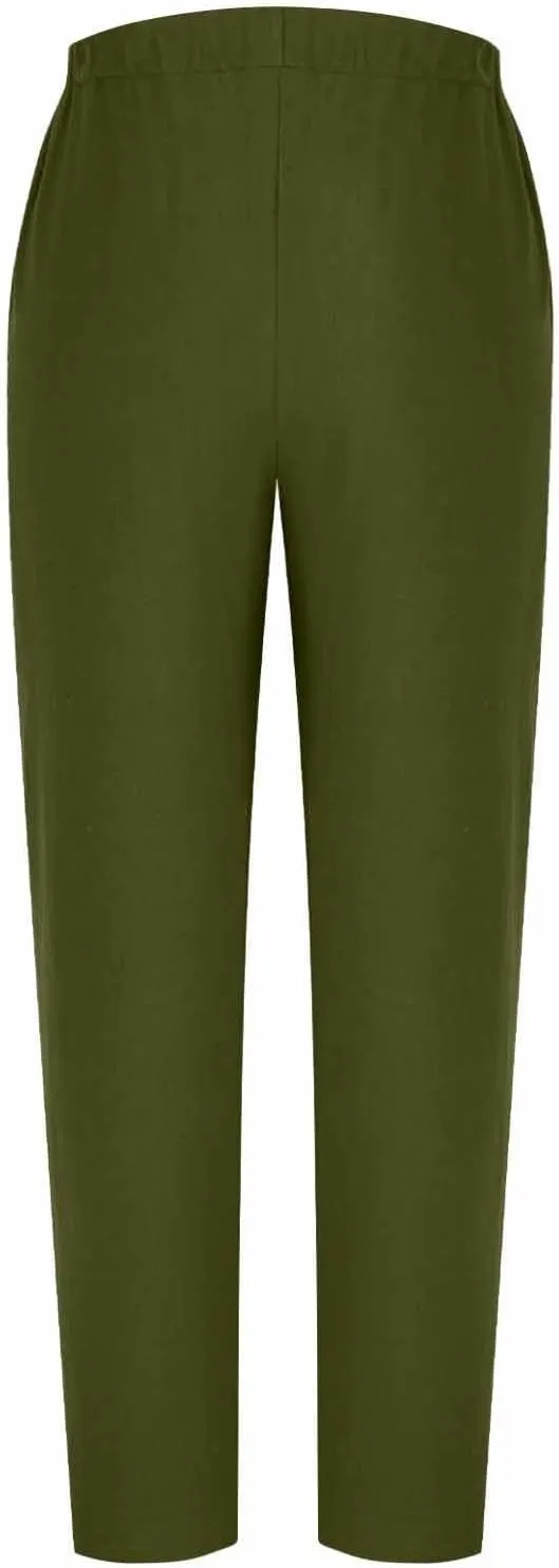 Woman Linen Pants Baggy Casual Elastic Waist Straight Leg Trendy Pants Side Button Solid Color Trousers with Pockets