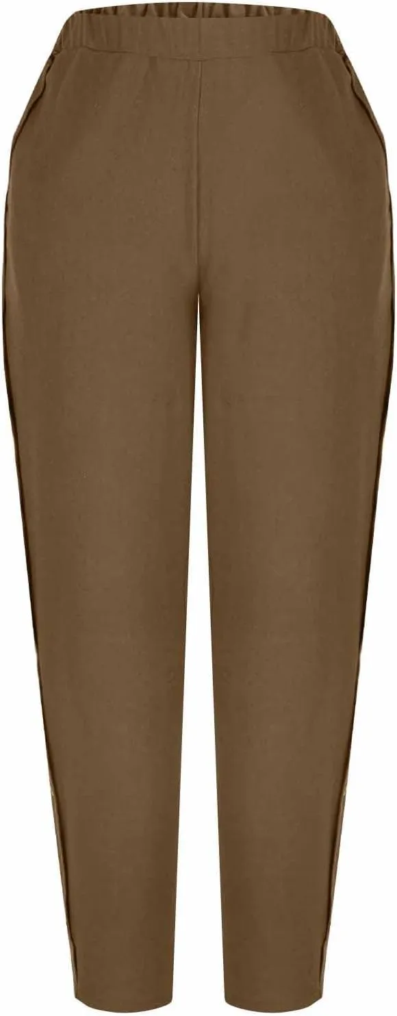 Woman Linen Pants Baggy Casual Elastic Waist Straight Leg Trendy Pants Side Button Solid Color Trousers with Pockets