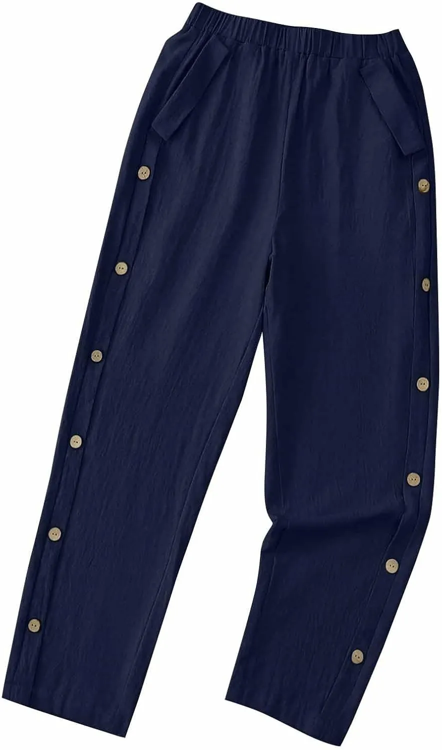 Woman Linen Pants Baggy Casual Elastic Waist Straight Leg Trendy Pants Side Button Solid Color Trousers with Pockets