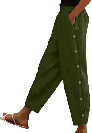 Woman Linen Pants Baggy Casual Elastic Waist Straight Leg Trendy Pants Side Button Solid Color Trousers with Pockets