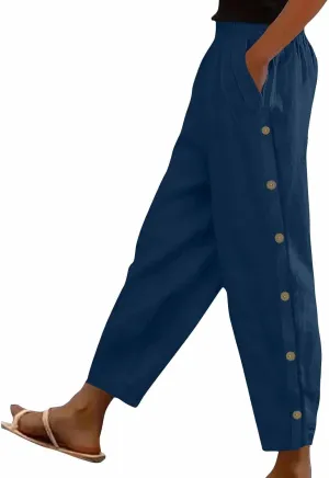 Woman Linen Pants Baggy Casual Elastic Waist Straight Leg Trendy Pants Side Button Solid Color Trousers with Pockets