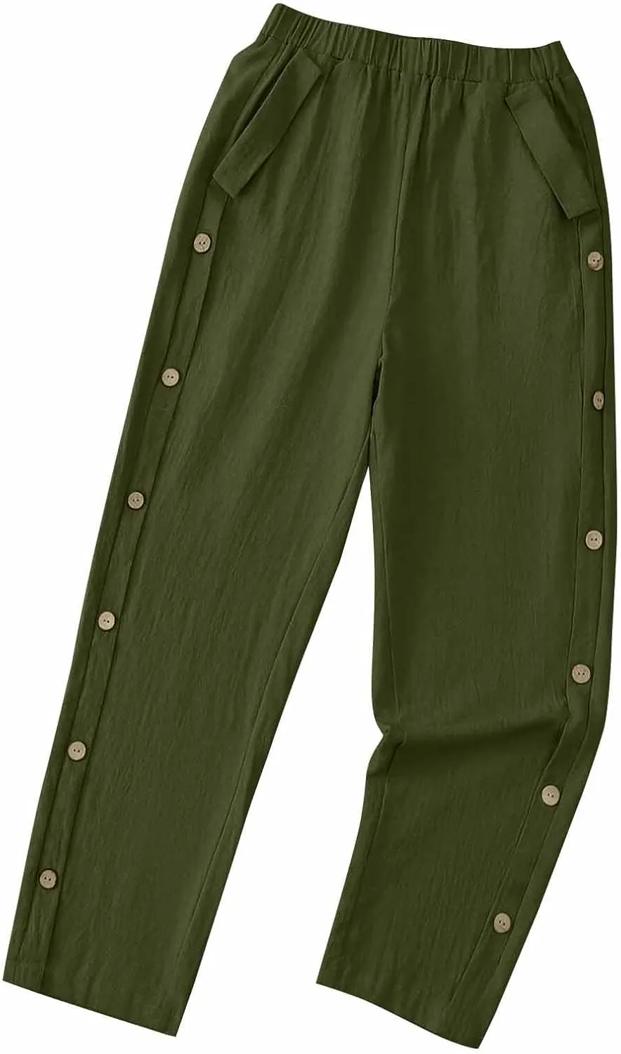 Woman Linen Pants Baggy Casual Elastic Waist Straight Leg Trendy Pants Side Button Solid Color Trousers with Pockets