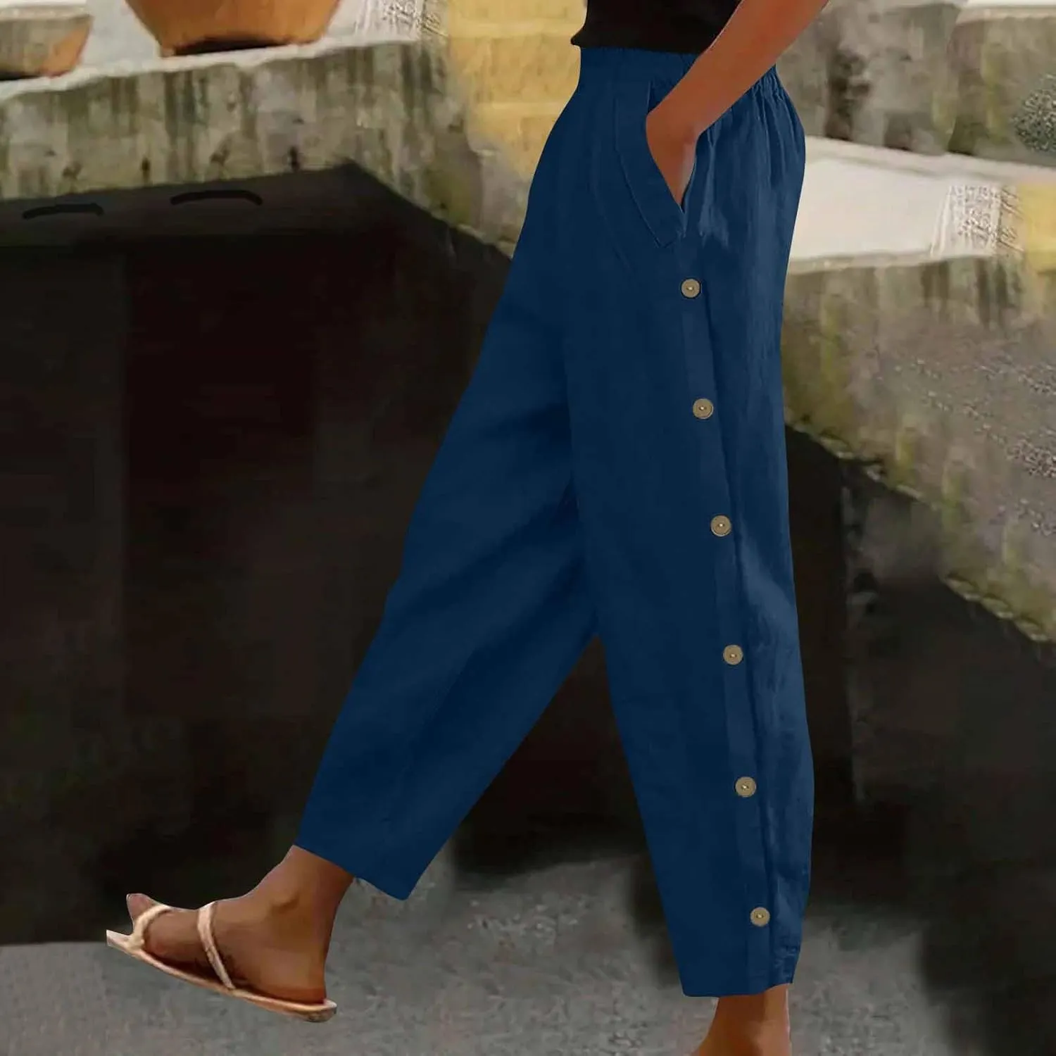 Woman Linen Pants Baggy Casual Elastic Waist Straight Leg Trendy Pants Side Button Solid Color Trousers with Pockets