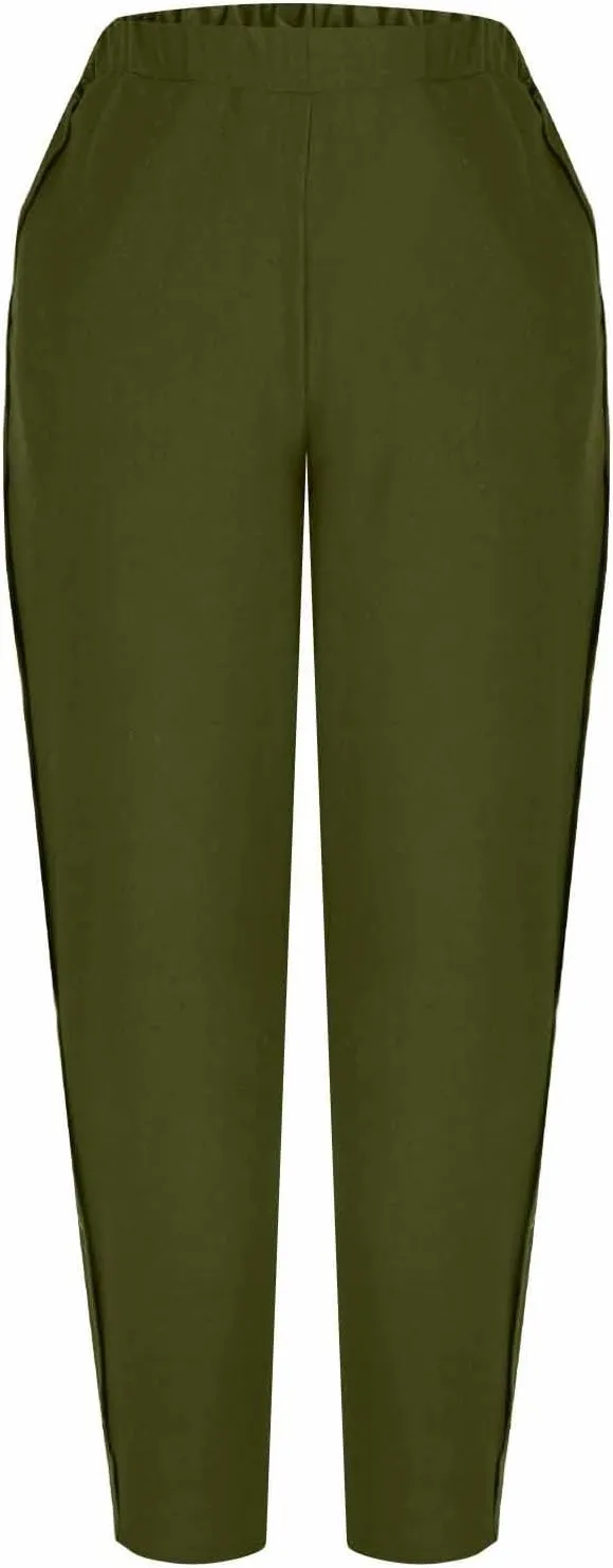 Woman Linen Pants Baggy Casual Elastic Waist Straight Leg Trendy Pants Side Button Solid Color Trousers with Pockets
