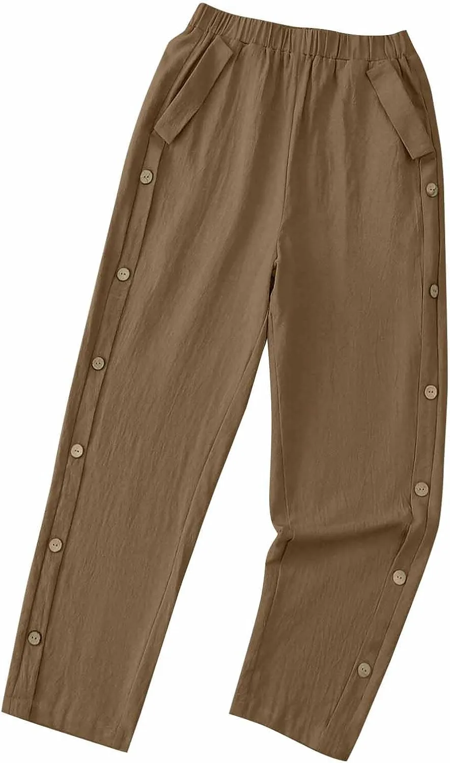 Woman Linen Pants Baggy Casual Elastic Waist Straight Leg Trendy Pants Side Button Solid Color Trousers with Pockets