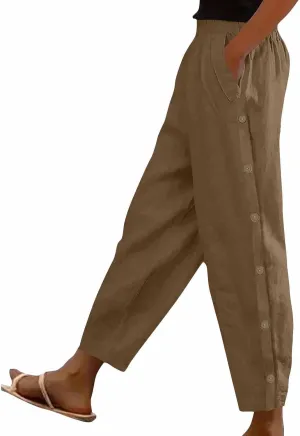 Woman Linen Pants Baggy Casual Elastic Waist Straight Leg Trendy Pants Side Button Solid Color Trousers with Pockets