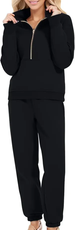 Women 2 Piece Tracksuits Fall Winter Half Zip Oversized Sweatshirt Sweatpants Matching Lounge Set Sweatsuits Pockets