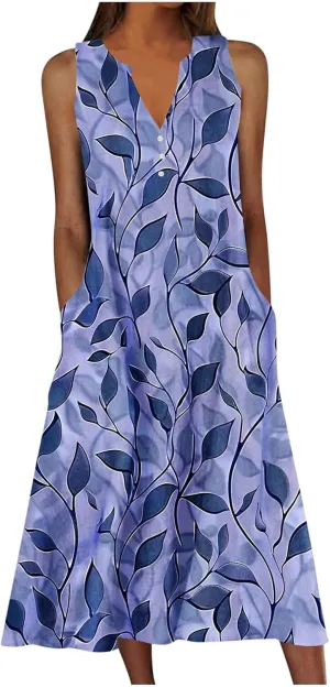 Women Boho Floral Print Midi Sun Dresses Casual Sleeveless Loose Flowy Dress Elegant Summer Beach Sundress with Pocket