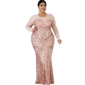 Women PlSize Elegant Dresses Sparkly Mesh Long Sleeve Mermaid Sequin Dress