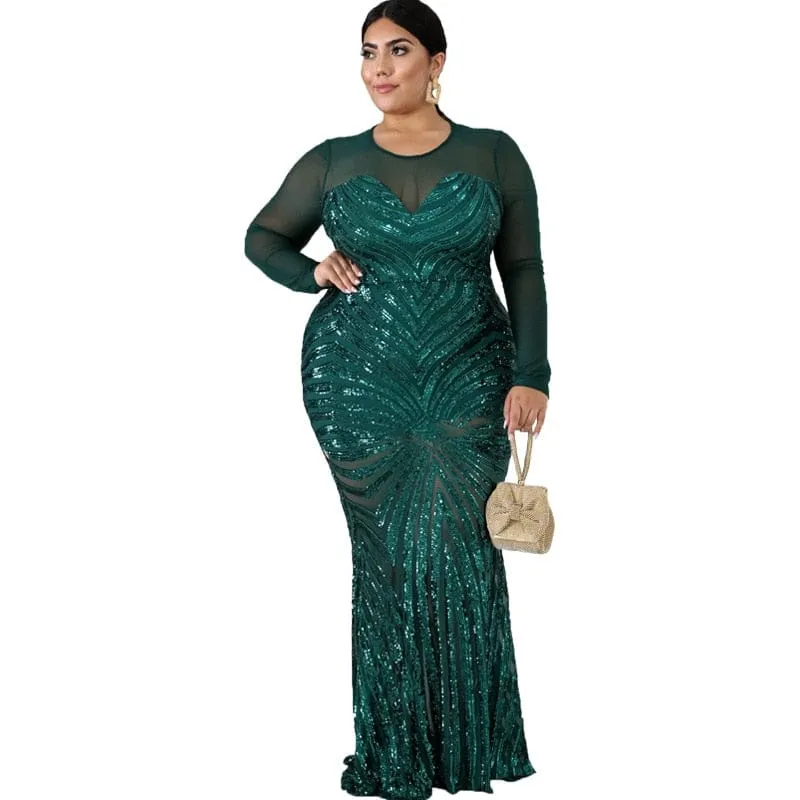 Women PlSize Elegant Dresses Sparkly Mesh Long Sleeve Mermaid Sequin Dress