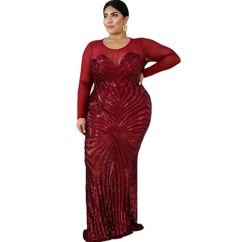 Women PlSize Elegant Dresses Sparkly Mesh Long Sleeve Mermaid Sequin Dress
