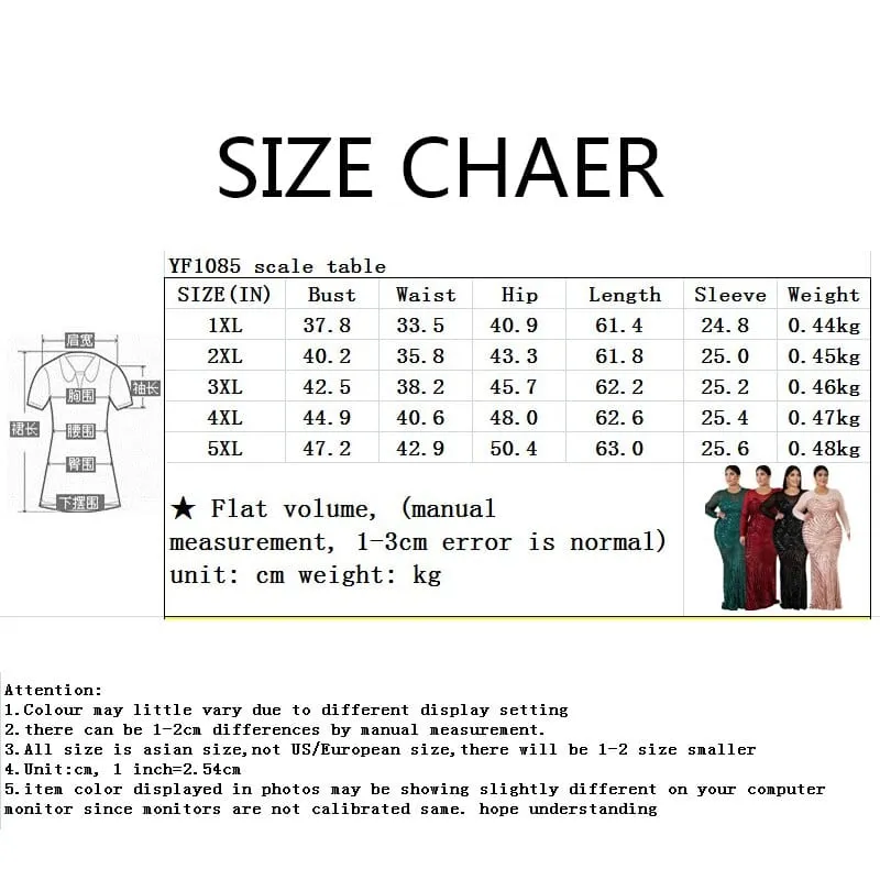 Women PlSize Elegant Dresses Sparkly Mesh Long Sleeve Mermaid Sequin Dress