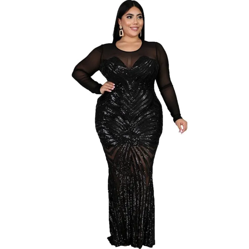 Women PlSize Elegant Dresses Sparkly Mesh Long Sleeve Mermaid Sequin Dress