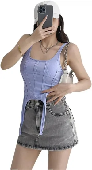 Women Square Collar Corset Waistband With Vest Crop Top Sleeveless Stretch Basic Camisole For