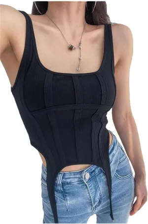 Women Square Collar Corset Waistband With Vest Crop Top Sleeveless Stretch Basic Camisole For