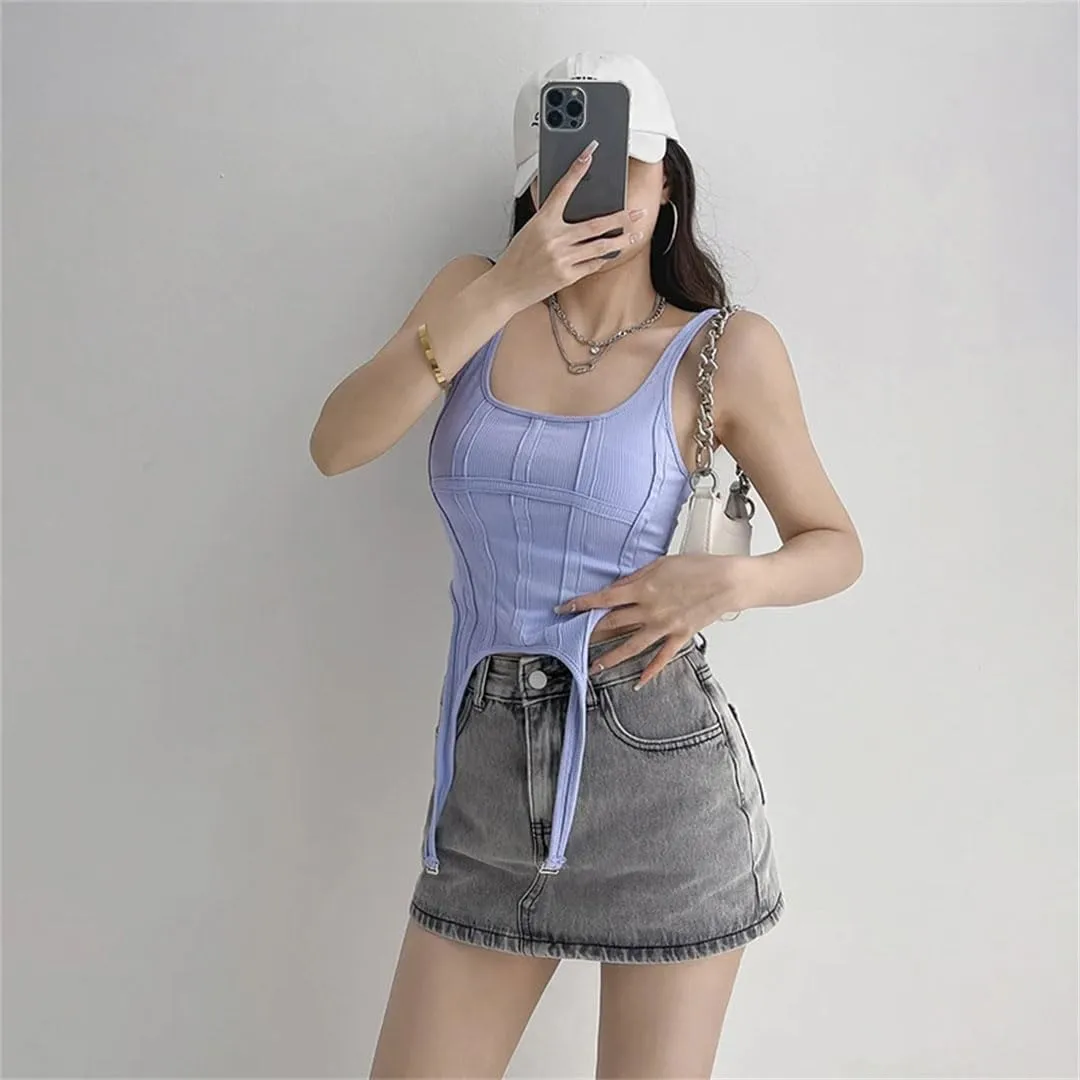 Women Square Collar Corset Waistband With Vest Crop Top Sleeveless Stretch Basic Camisole For