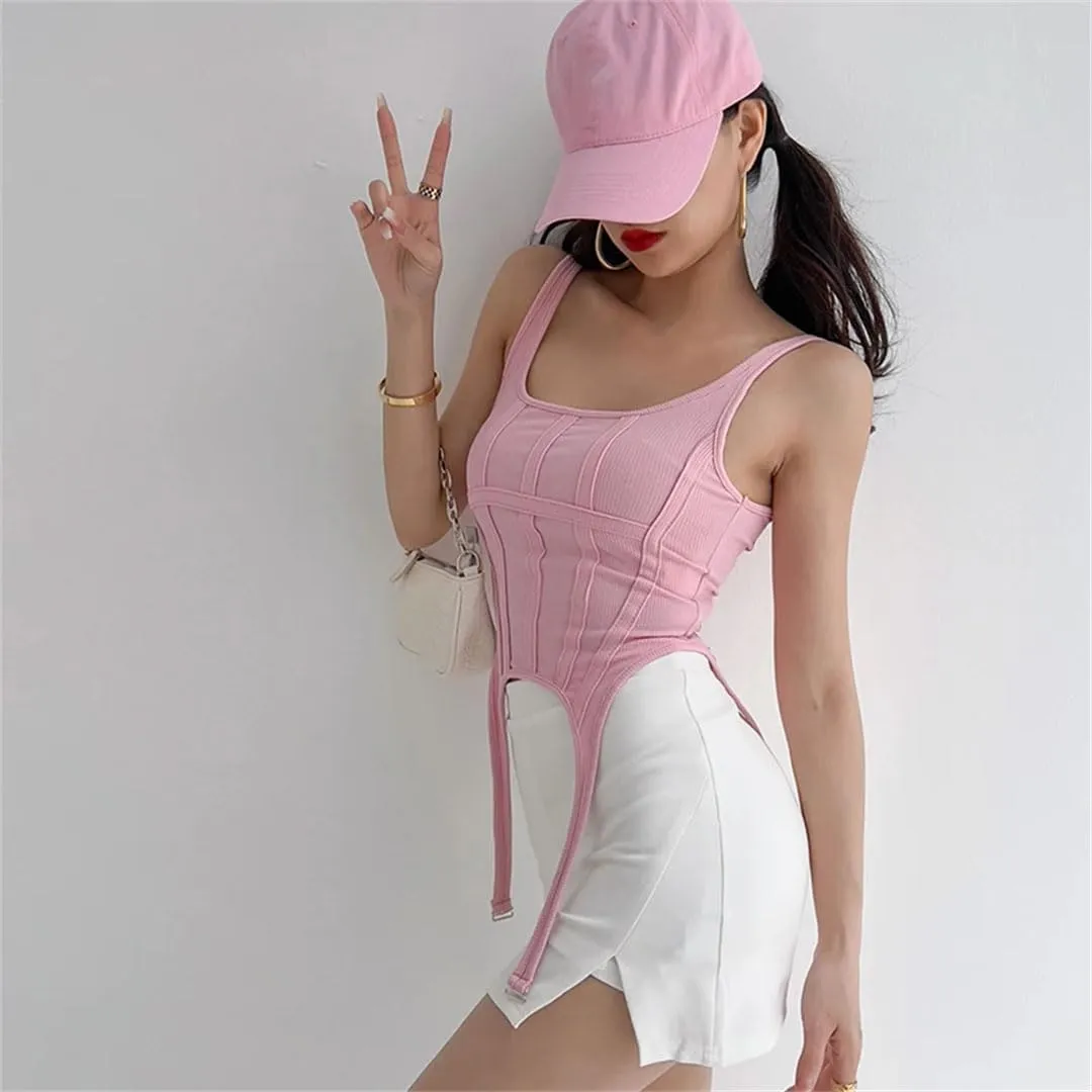 Women Square Collar Corset Waistband With Vest Crop Top Sleeveless Stretch Basic Camisole For