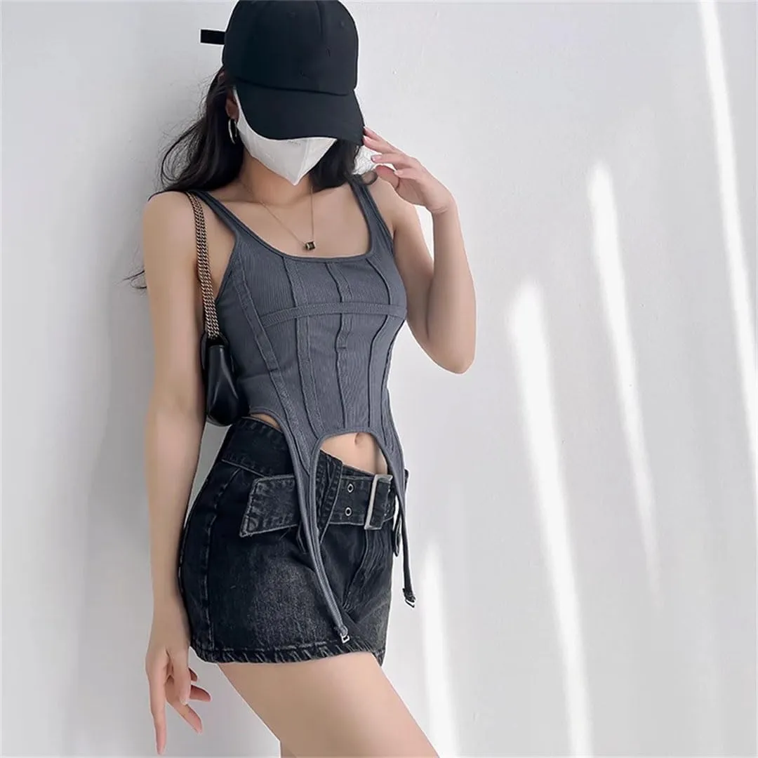 Women Square Collar Corset Waistband With Vest Crop Top Sleeveless Stretch Basic Camisole For