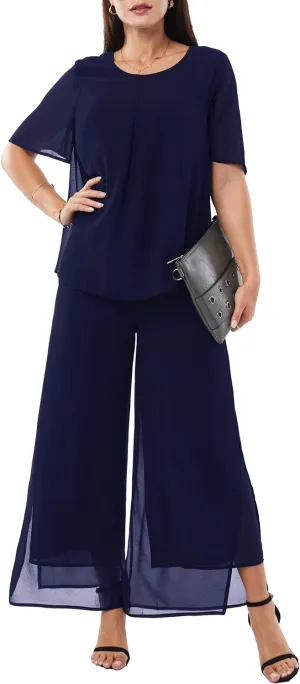 Women's 2 Piece Chiffon Sets Outfits Flowy Ruffle Layers Casual Dressy Wedding Guest Pant Suits