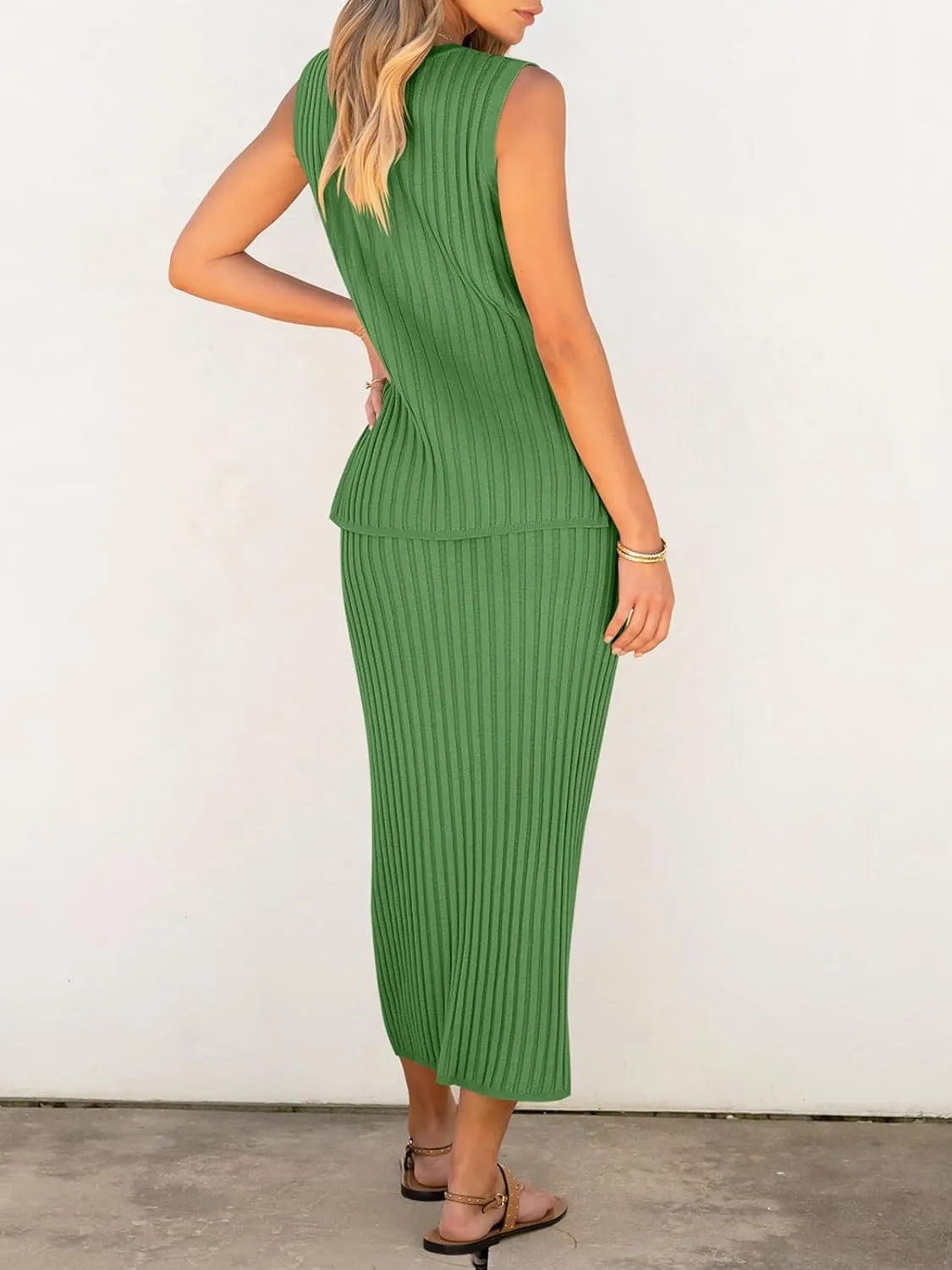 Women's 2 Piece Outfits Summer Sweater Skirt Sets Casual Sleeveless V Neck Ribbed Vest Knit Tops Midi Dress