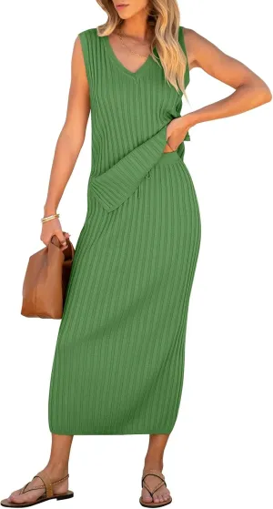 Women's 2 Piece Outfits Summer Sweater Skirt Sets Casual Sleeveless V Neck Ribbed Vest Knit Tops Midi Dress