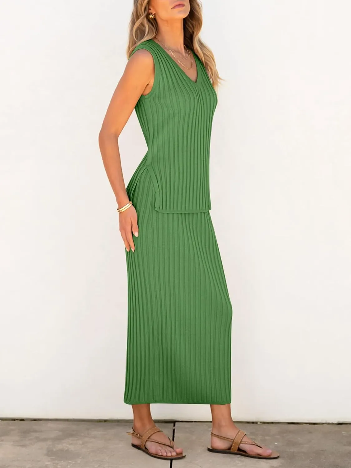 Women's 2 Piece Outfits Summer Sweater Skirt Sets Casual Sleeveless V Neck Ribbed Vest Knit Tops Midi Dress