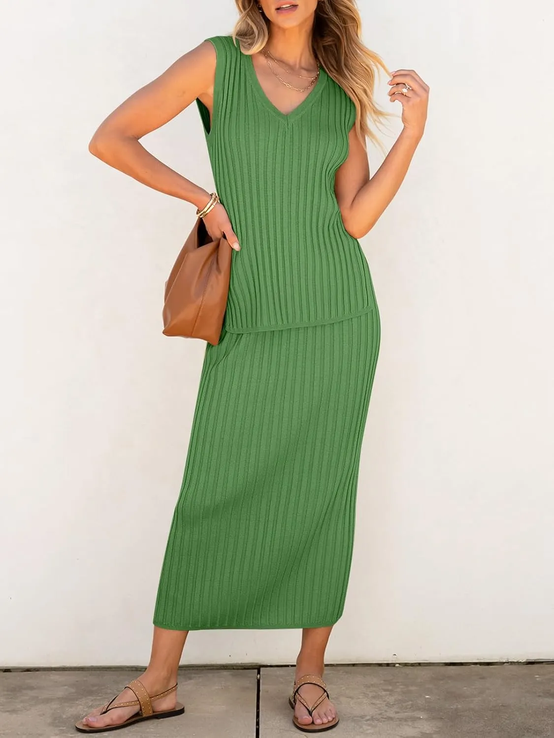 Women's 2 Piece Outfits Summer Sweater Skirt Sets Casual Sleeveless V Neck Ribbed Vest Knit Tops Midi Dress