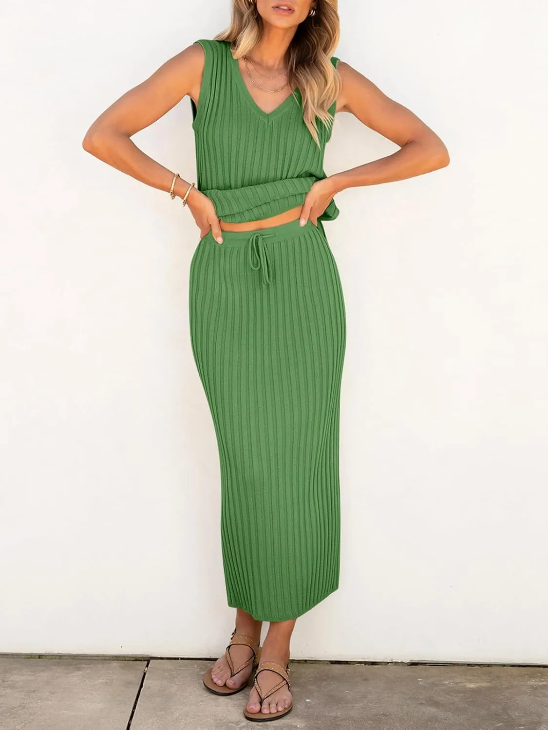 Women's 2 Piece Outfits Summer Sweater Skirt Sets Casual Sleeveless V Neck Ribbed Vest Knit Tops Midi Dress