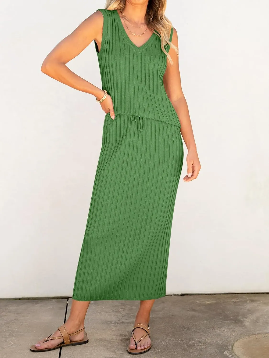 Women's 2 Piece Outfits Summer Sweater Skirt Sets Casual Sleeveless V Neck Ribbed Vest Knit Tops Midi Dress