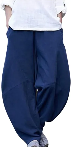 Womens Casual Cotton Linen Baggy Pants Elastic Waist Harem Trousers with Pockets Solid Casual Lightweight Pants