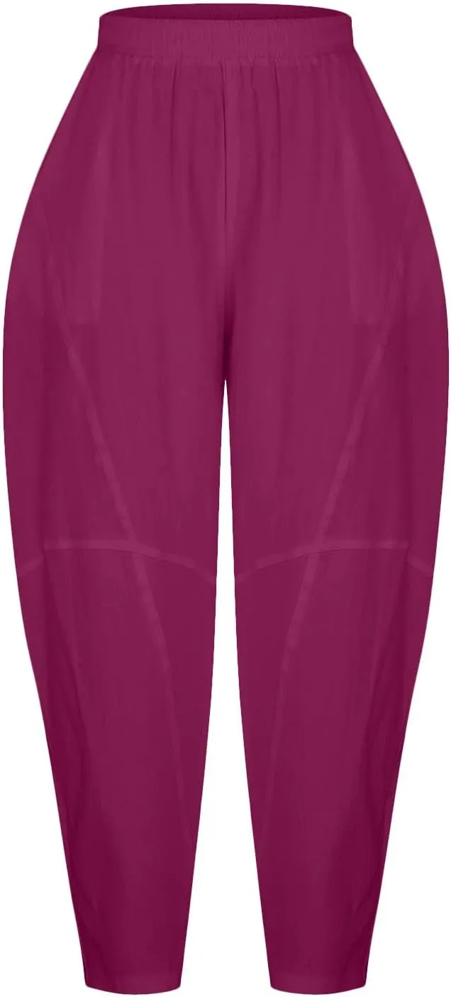 Womens Casual Cotton Linen Baggy Pants Elastic Waist Harem Trousers with Pockets Solid Casual Lightweight Pants